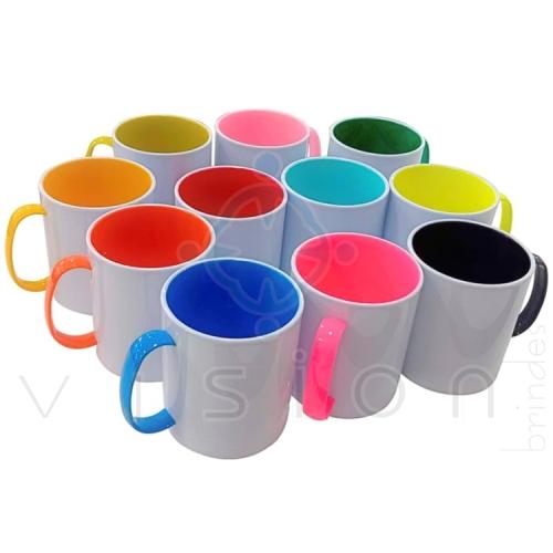 Caneca Plástica Branca  Interior e Alça Colorida